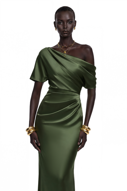 Roshan Emerald Green One Shoulder Satin Maxi Dress