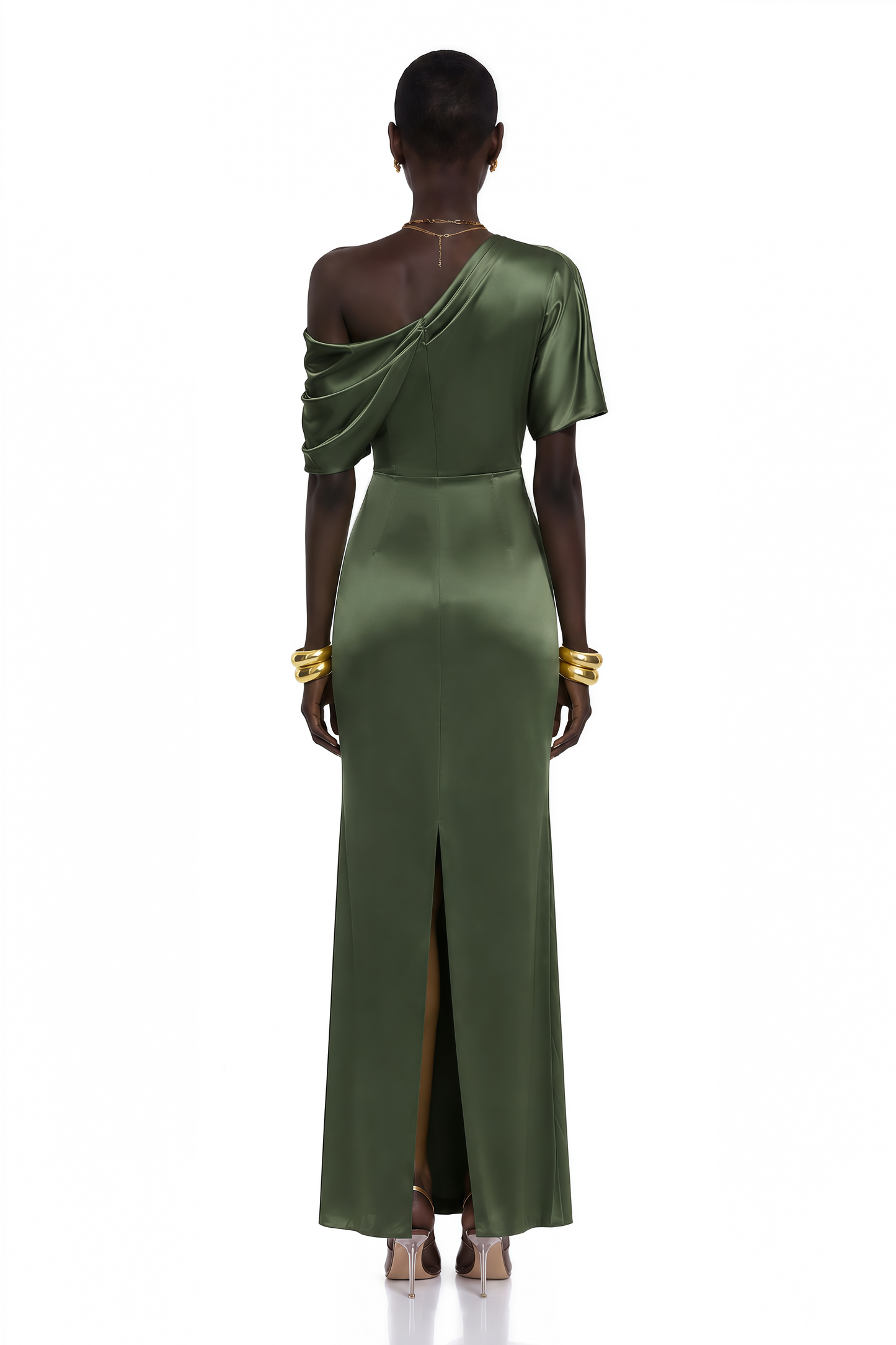 Roshan Emerald Green One Shoulder Satin Maxi Dress