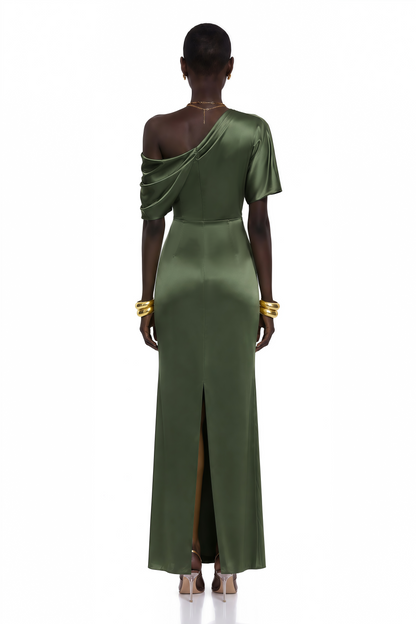 Roshan Emerald Green One Shoulder Satin Maxi Dress