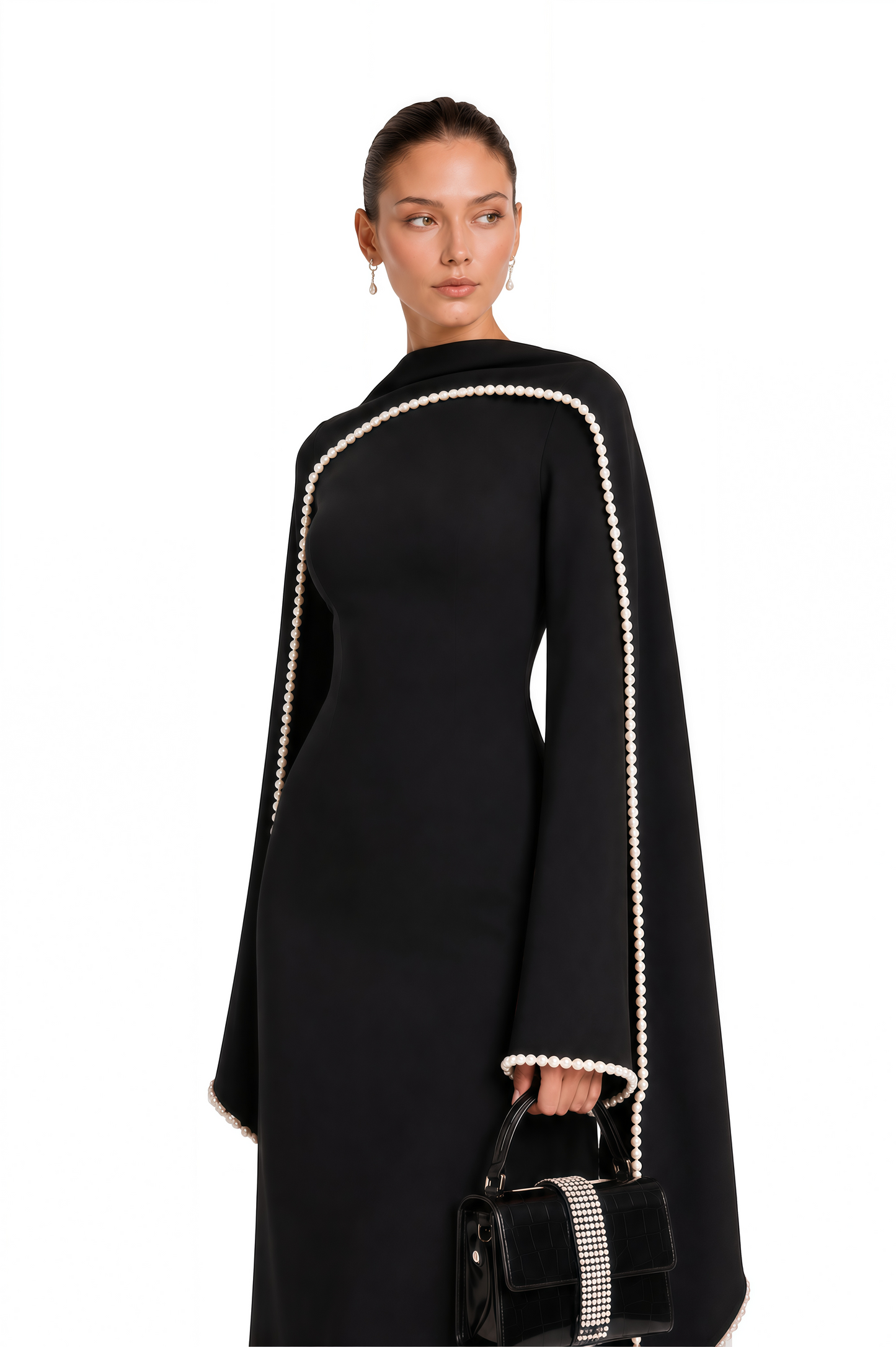 Piroska Black Pearl Trim Shawl Detail Maxi Dress
