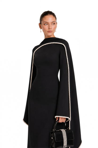 Piroska Black Pearl Trim Shawl Detail Maxi Dress