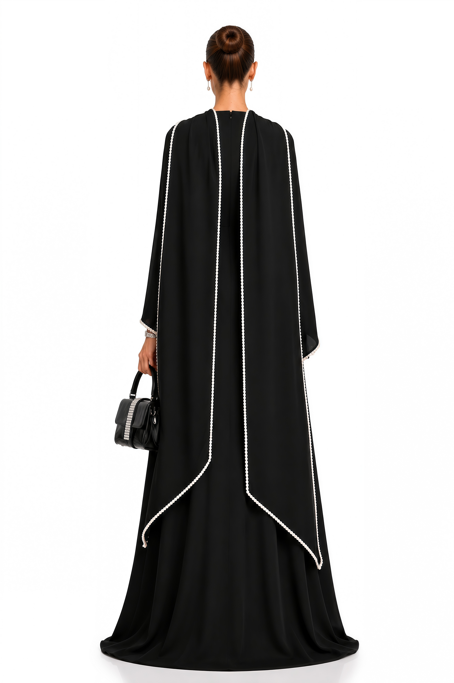 Piroska Black Pearl Trim Shawl Detail Maxi Dress