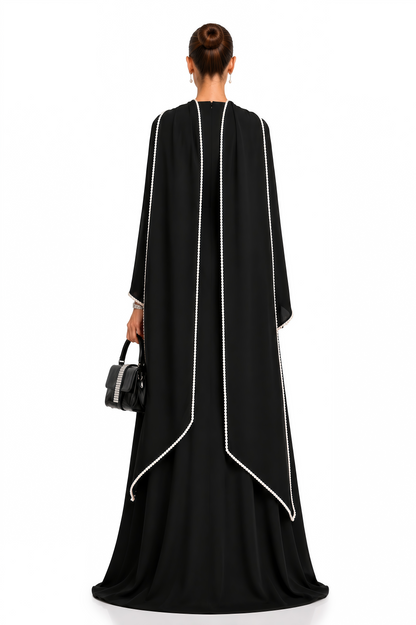 Piroska Black Pearl Trim Shawl Detail Maxi Dress