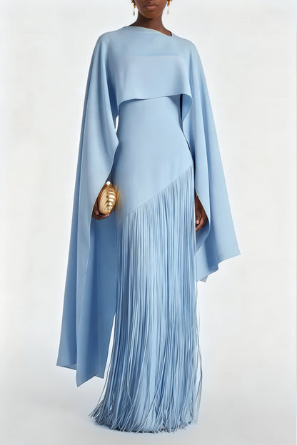 Cayetana Sapphire Blue Fringe Maxi Dress with Cape Effect