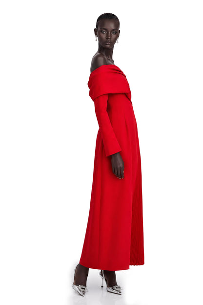 Valentine Red Pleated Maxi Dress with High Slit