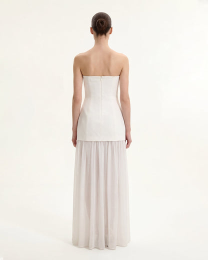 Çiçek Desenli Straplez (Askısız) Mixed Maxi Elbise - Fildişi