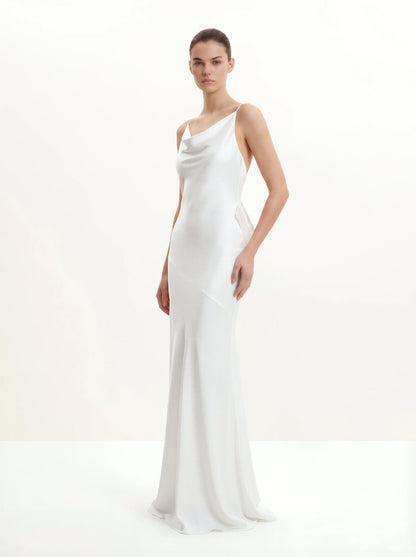 Saten Drape Yaka Arkası Fiyonklu Maxi Elbise - Beyaz