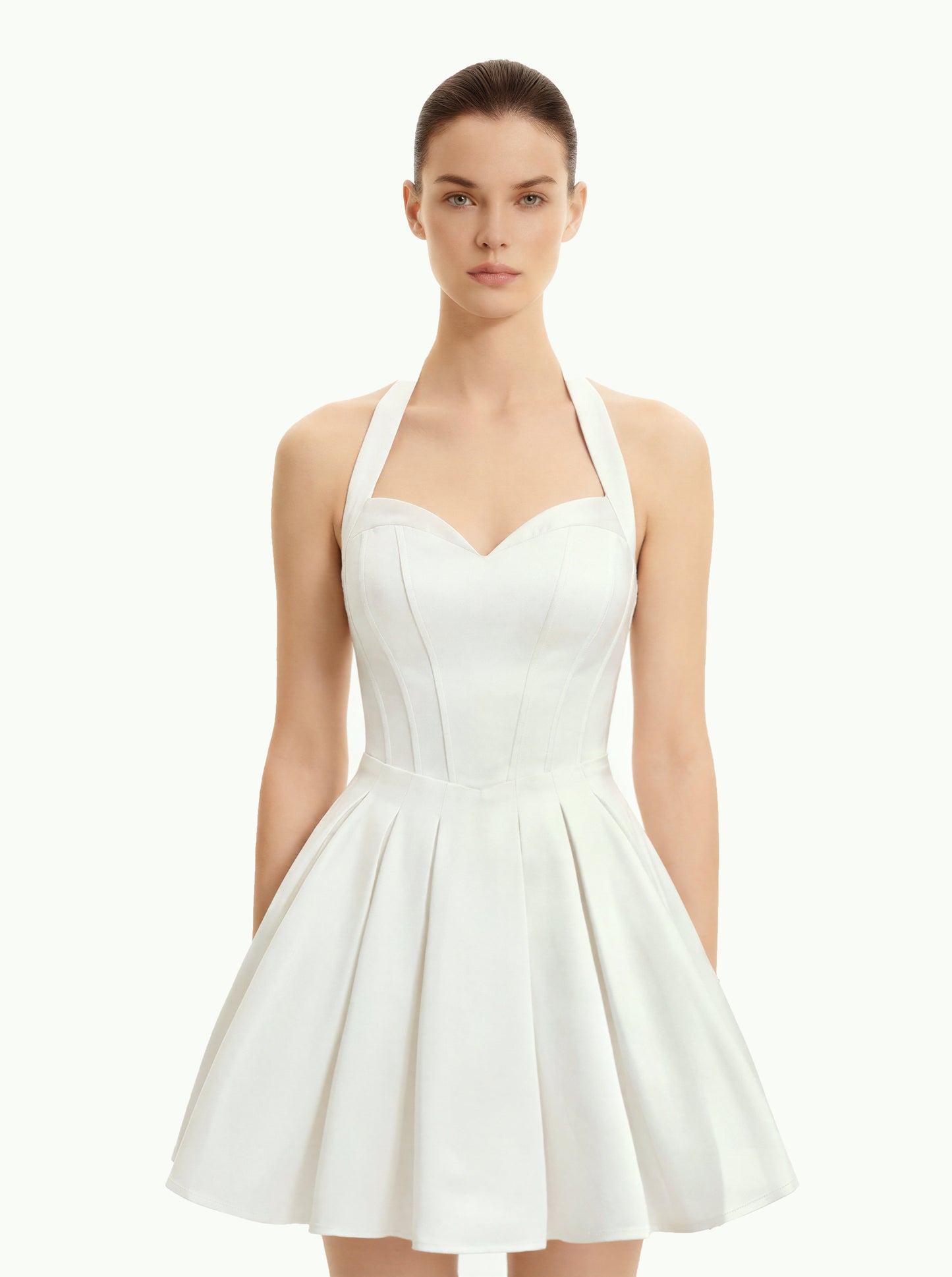 Pilili Büstiyer Halter Yaka Mini Elbise - Beyaz