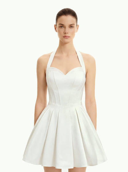 Pilili Büstiyer Halter Yaka Mini Elbise - Beyaz