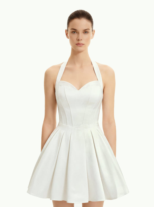 Pilili Büstiyer Halter Yaka Mini Elbise - Beyaz