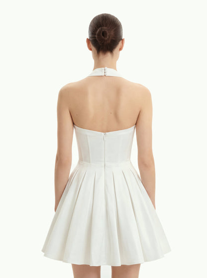 Pilili Büstiyer Halter Yaka Mini Elbise - Beyaz