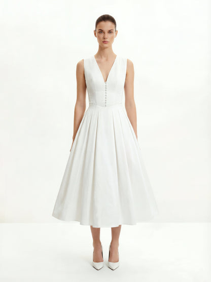 Front V Yaka Pilili Midi Elbise - Beyaz