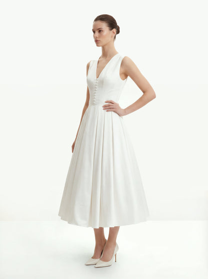Front V Yaka Pilili Midi Elbise - Beyaz