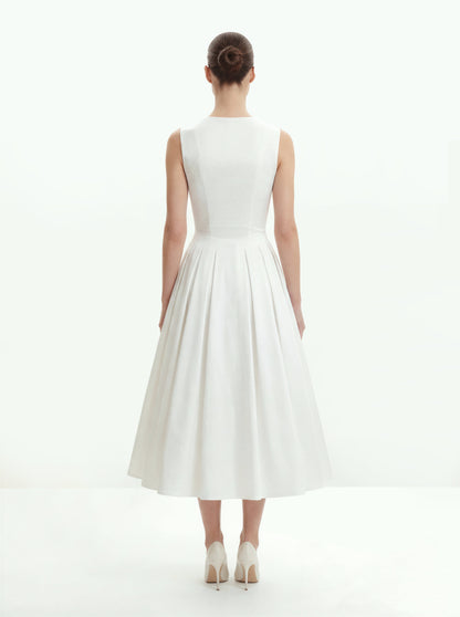 Front V Yaka Pilili Midi Elbise - Beyaz