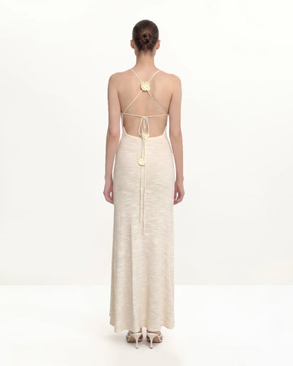 Dokulu Triko Halter Yaka Maxi Elbise - Krem