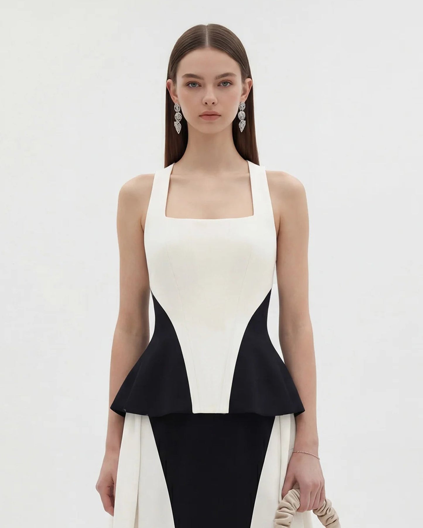 Tek Renk Panelli Kare Yaka Peplum Üst / Bluz - Siyah