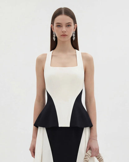 Tek Renk Panelli Kare Yaka Peplum Üst / Bluz - Siyah