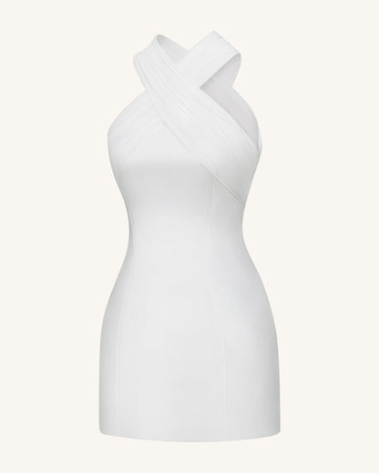 Saten Mini Elbise ile Tül Çapraz Halter - Beyaz