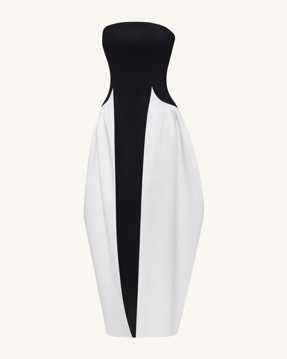 Tek Renk Panelli Straplez (Askısız) Sculptural Maxi Elbise - Siyah