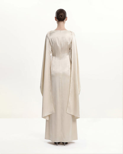 198Pearl-Trimmed Cape Sleeve Boat Neck Maxi Gown - Cream