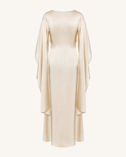 198Pearl-Trimmed Cape Sleeve Boat Neck Maxi Gown - Cream