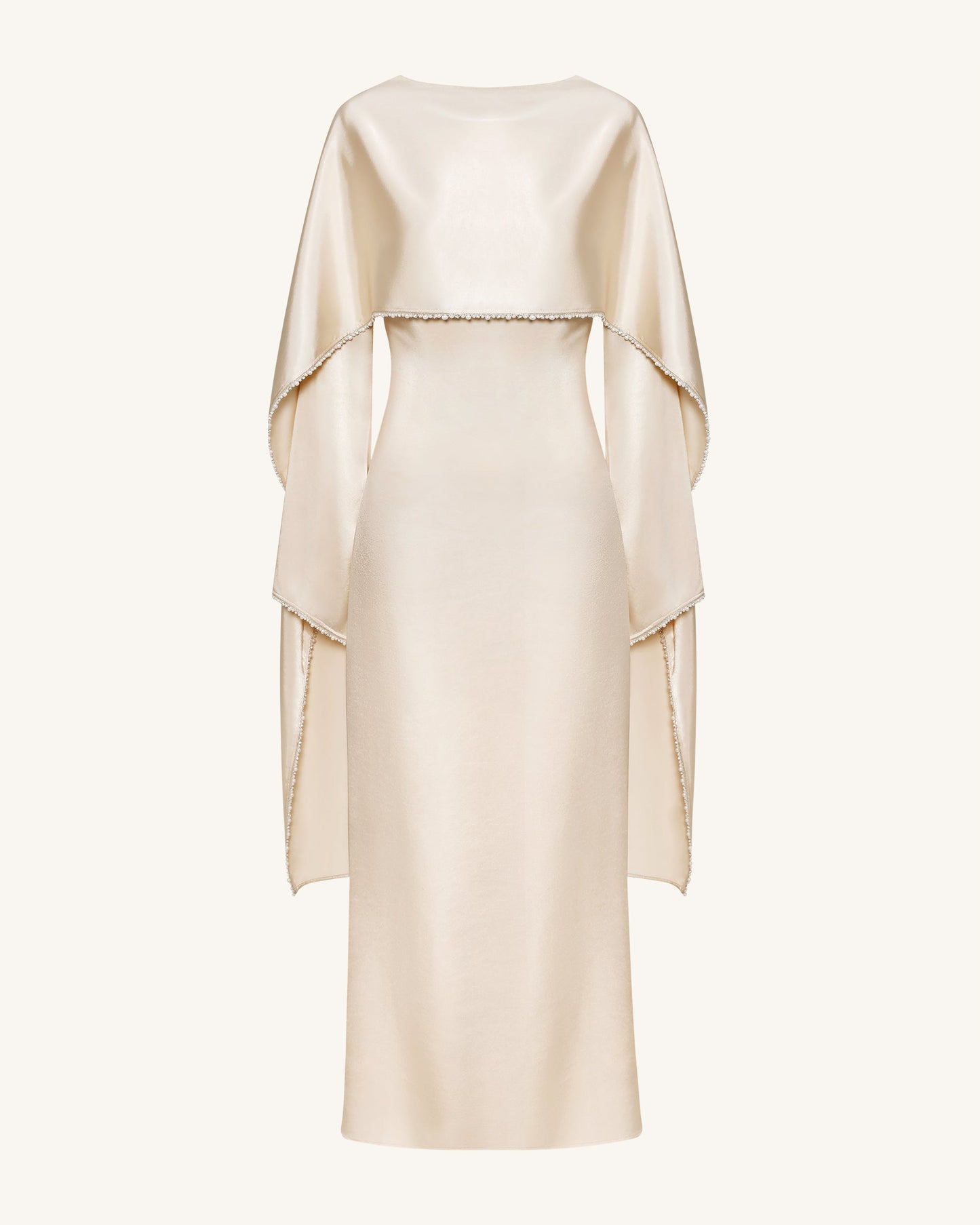198Pearl-Trimmed Cape Sleeve Boat Neck Maxi Gown - Cream