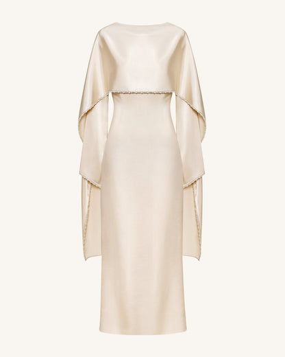 198Pearl-Trimmed Cape Sleeve Boat Neck Maxi Gown - Cream