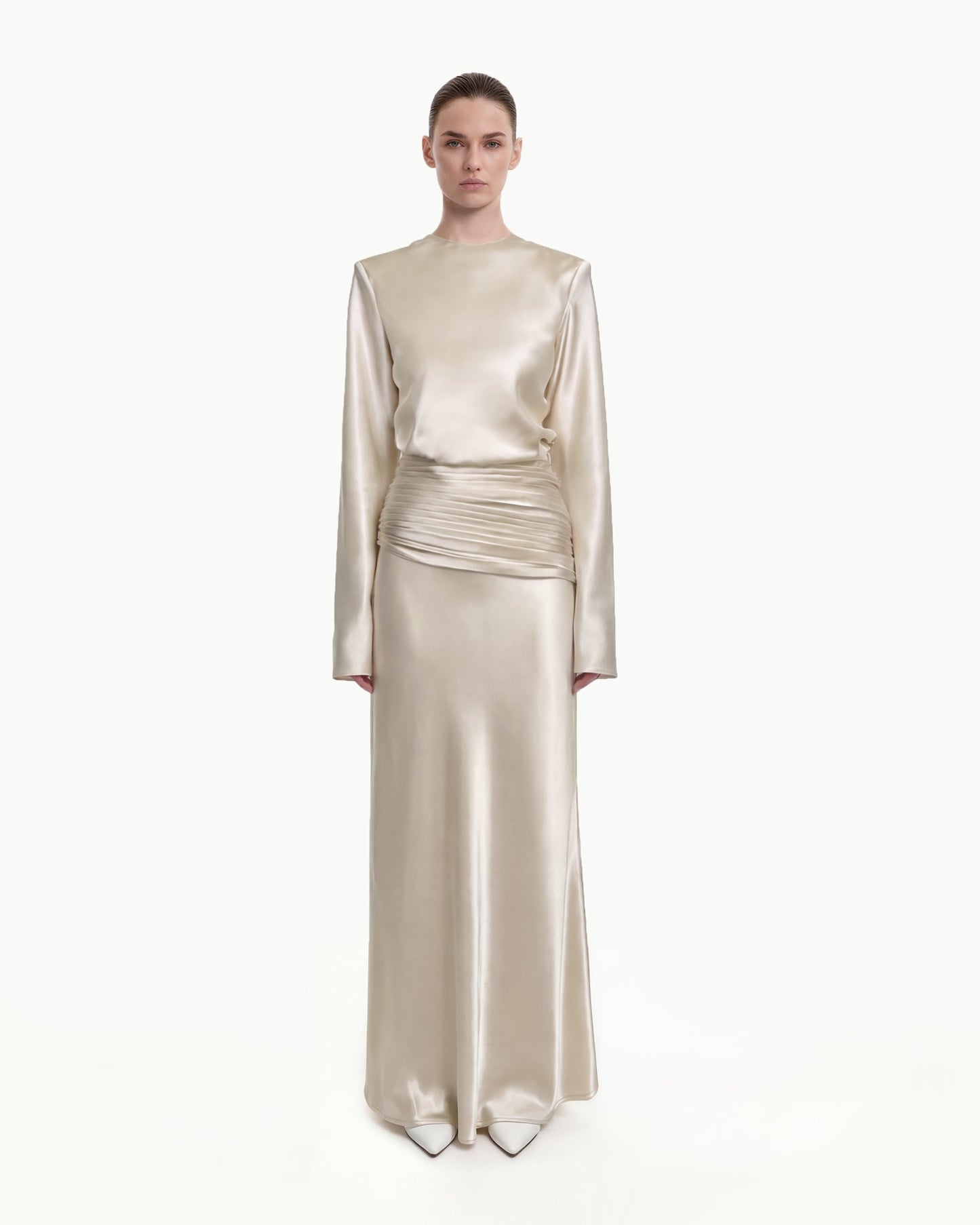 Satin-Feel Drapeli Maxi Etek - Krem