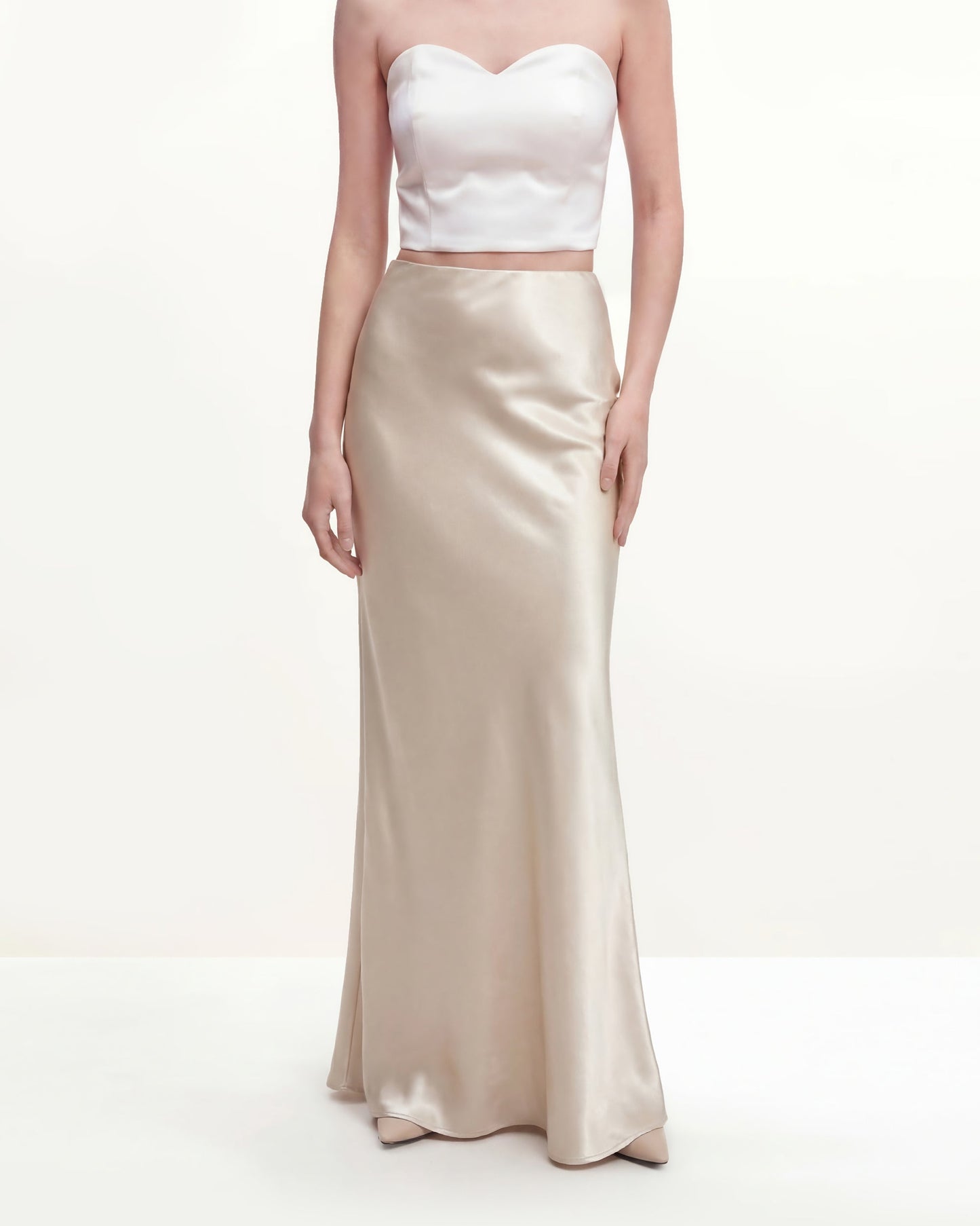 Satin-Feel Drapeli Maxi Etek - Krem