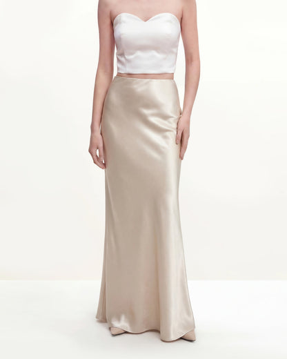 Satin-Feel Drapeli Maxi Etek - Krem