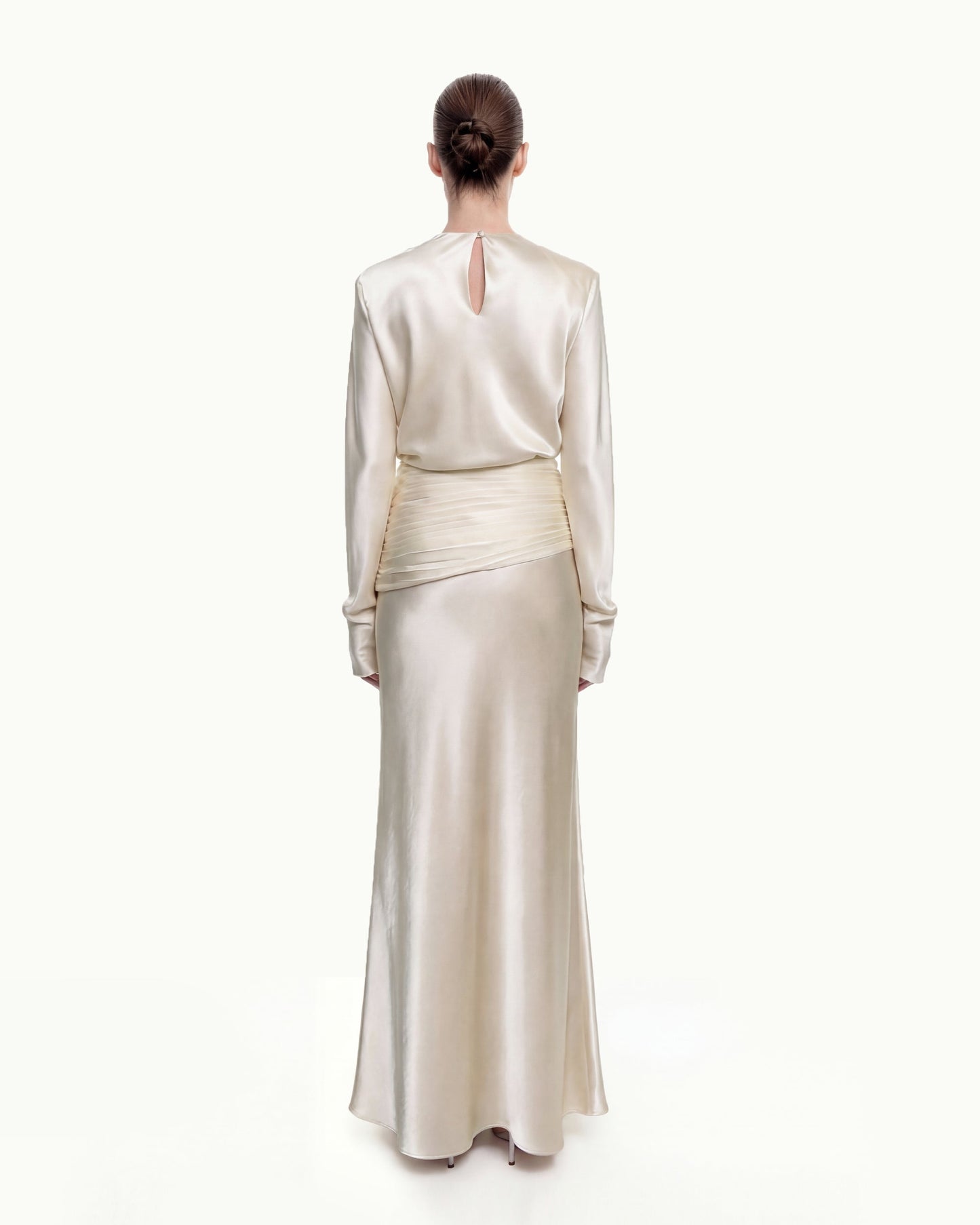 Satin-Feel Drapeli Maxi Etek - Krem