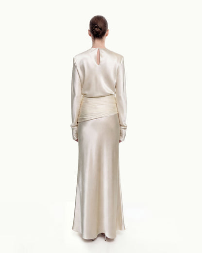 Satin-Feel Drapeli Maxi Etek - Krem