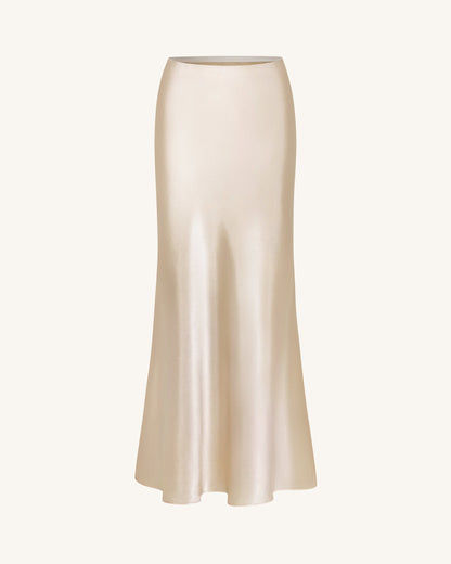 Satin-Feel Drapeli Maxi Etek - Krem