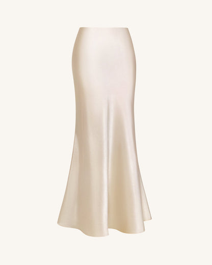 Satin-Feel Drapeli Maxi Etek - Krem
