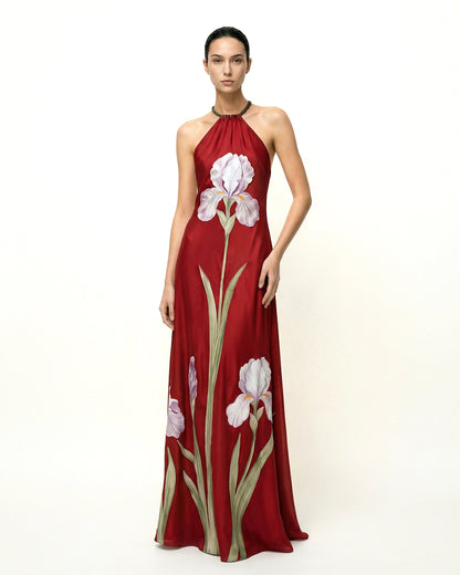Iris Çiçek Desenli Halter Yaka Maxi Elbise - Yakut Kırmızısı