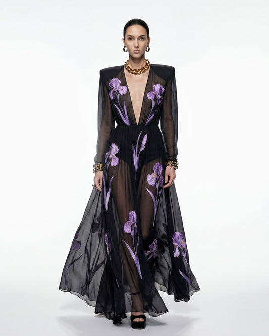 Iris Çiçek Desenli Uzun Kollu Transparan Abiye Elbise - Black/Purple