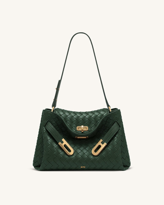 Rhea Woven Texture Double Buckle Shoulder Bag - Teal