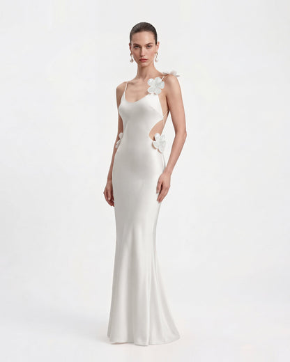 3D Floral Appliqué Satin Dress - White