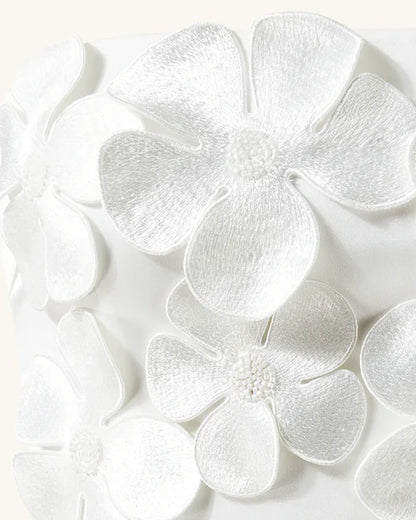 3D Floral Appliqué Satin Dress - White