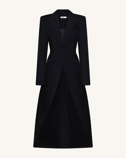 Yapılandırılmış Sivri Yaka Devrik Kesikli Detay Maxi Blazer Ceket - Siyah