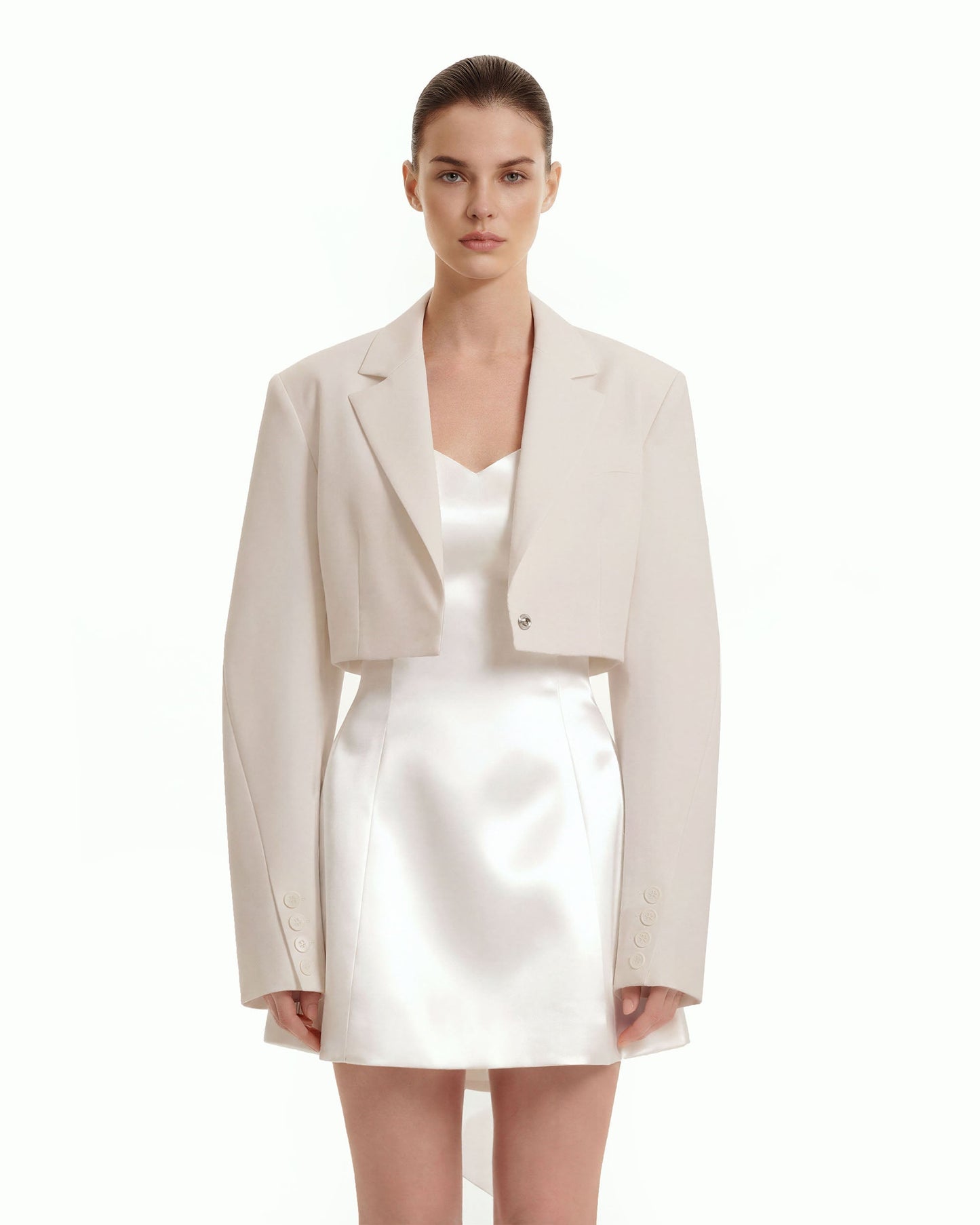 Yapılandırılmış Vatkalı Omuz Crop (Kısa Kesim) Blazer Ceket - Bej