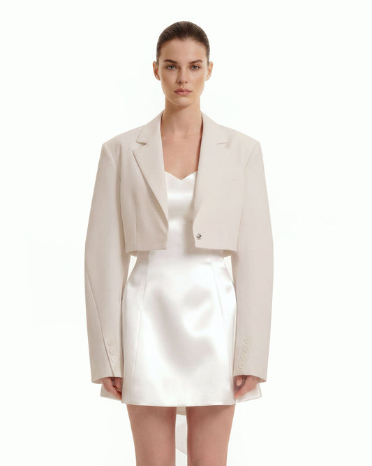 Yapılandırılmış Vatkalı Omuz Crop (Kısa Kesim) Blazer Ceket - Bej