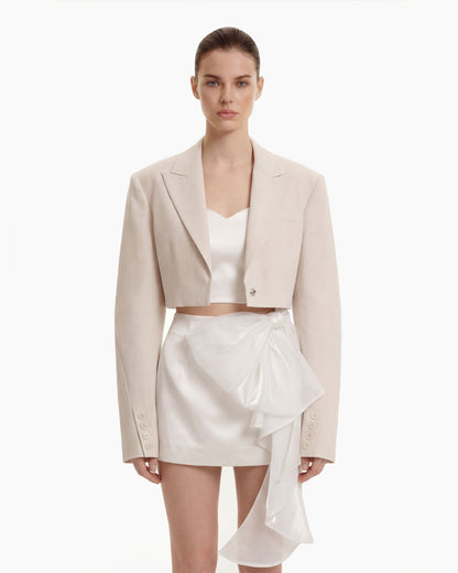 Yapılandırılmış Vatkalı Omuz Crop (Kısa Kesim) Blazer Ceket - Bej