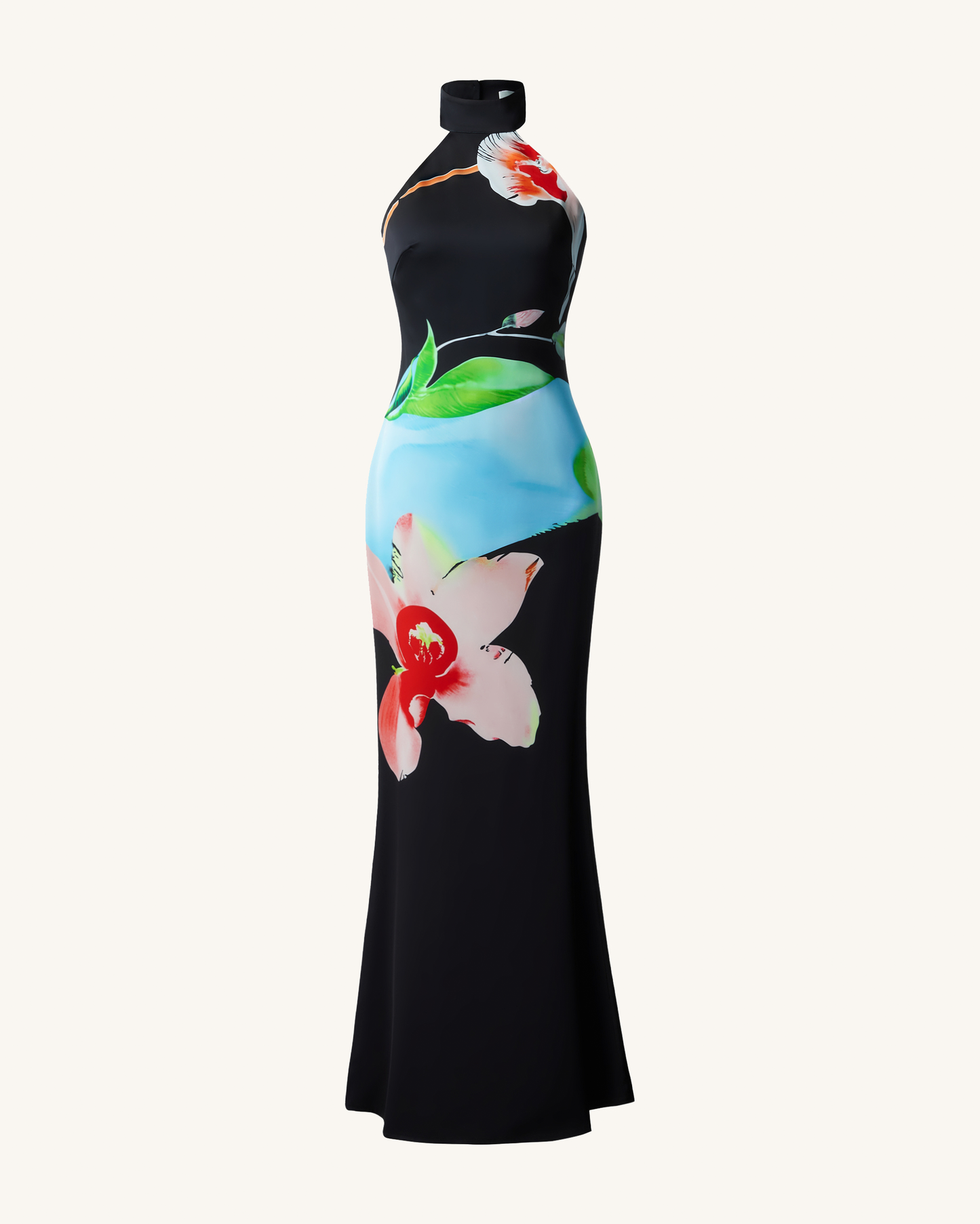 Çiçek Desenli Saten Halter Yaka Elbise - Çok Renkli Siyah