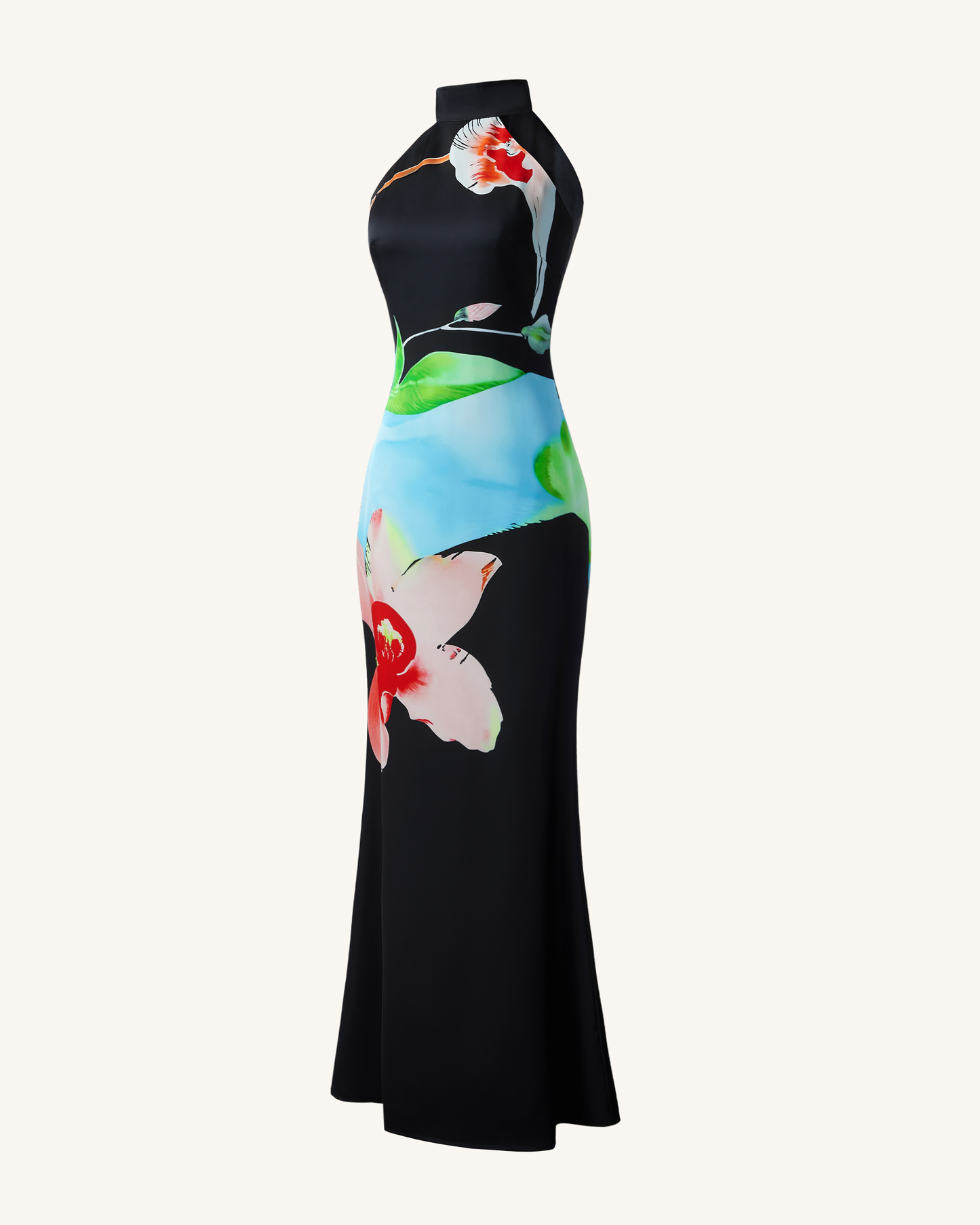Çiçek Desenli Saten Halter Yaka Elbise - Çok Renkli Siyah