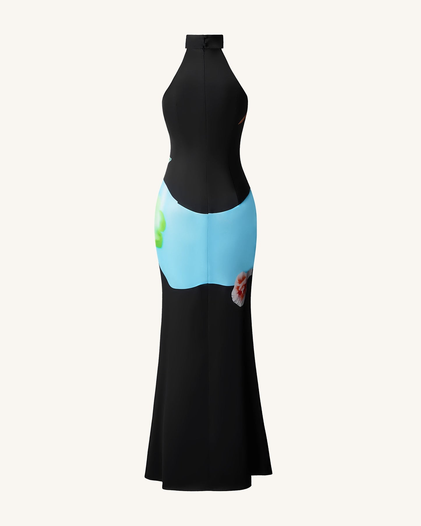 Çiçek Desenli Saten Halter Yaka Elbise - Çok Renkli Siyah