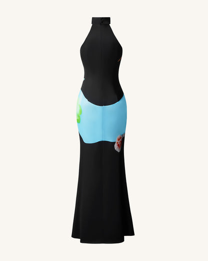 Çiçek Desenli Saten Halter Yaka Elbise - Çok Renkli Siyah