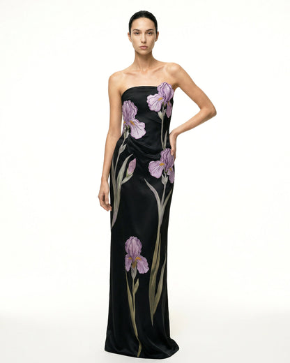 Iris Floral-Appliqué Straplez (Askısız) Maxi Elbise - Siyah