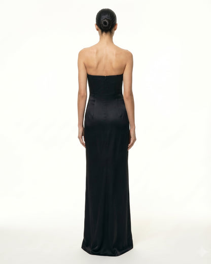 Iris Floral-Appliqué Straplez (Askısız) Maxi Elbise - Siyah