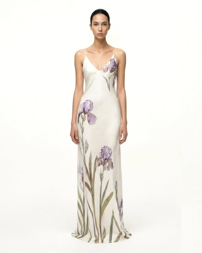 Iris Motifli Saten Slip (Askılı) Abiye Elbise - Beyaz